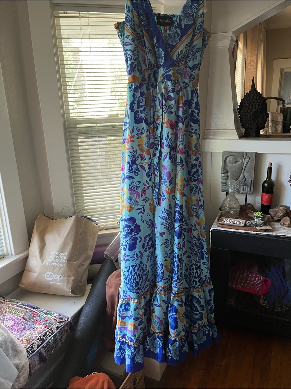 Blue Floral Maxi Dress with V-Neck